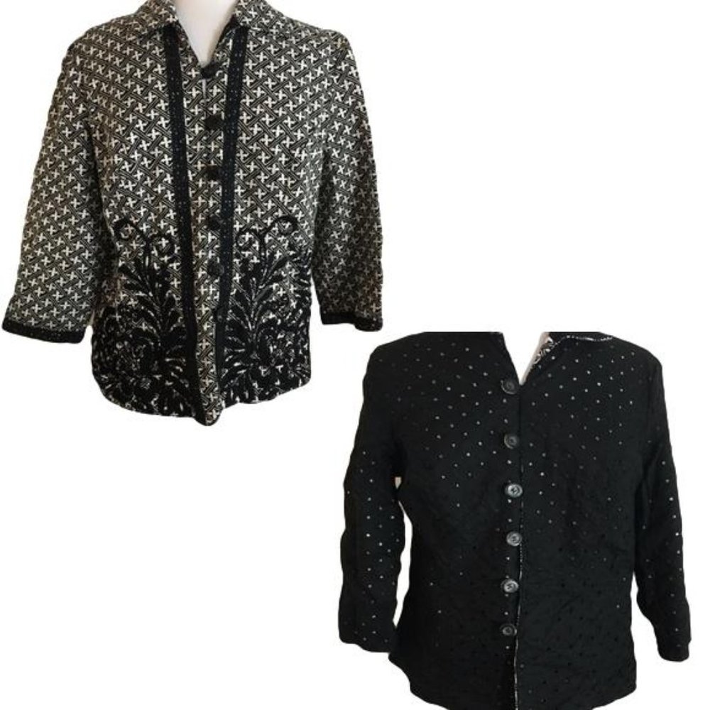 Reversible Black White Blazer Jacket Medium 3/4 Sleeves Button Front